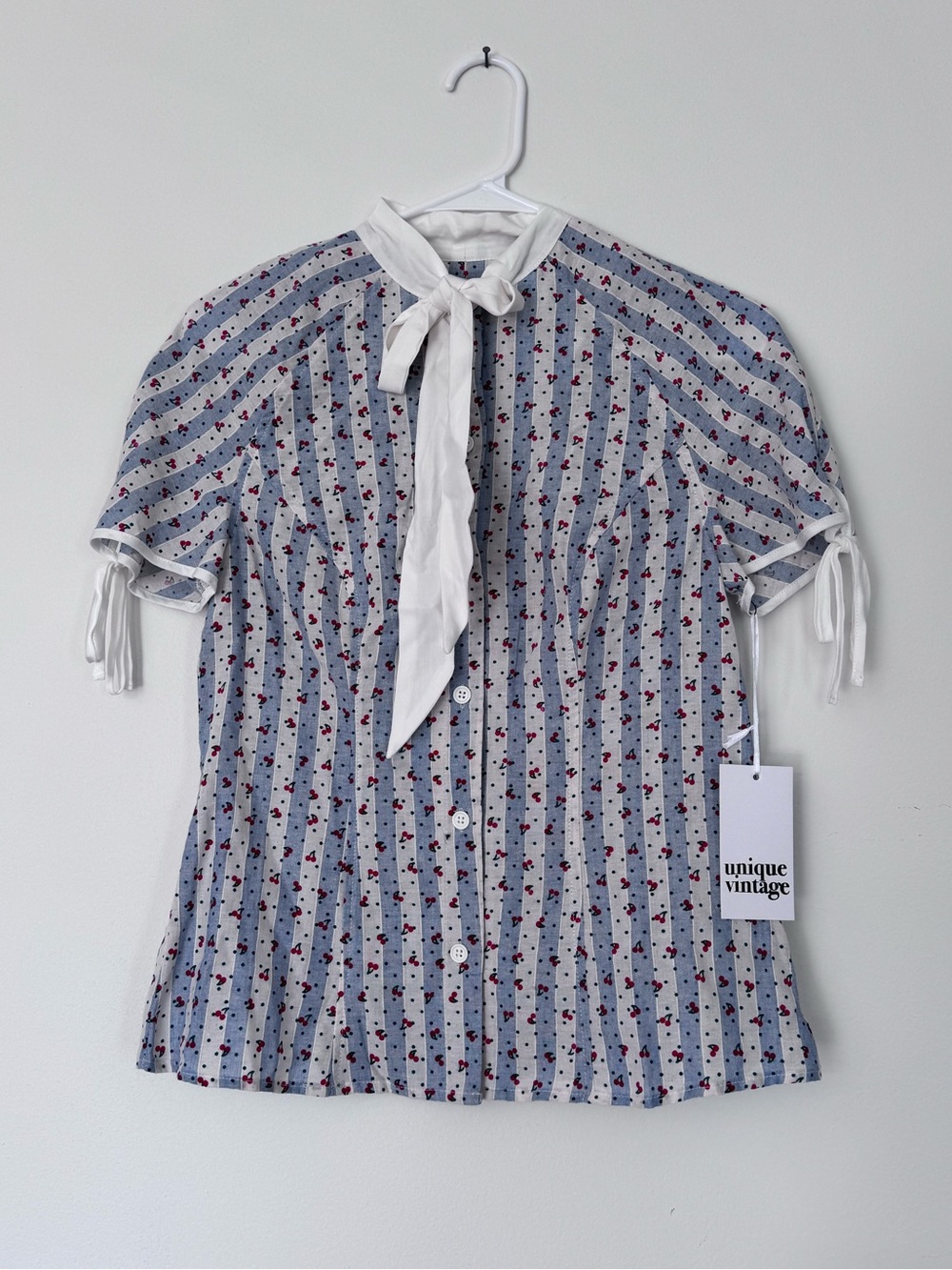 NWT Unique Vintage White Tie-Neck Blue Striped Cherry Blouse Medium